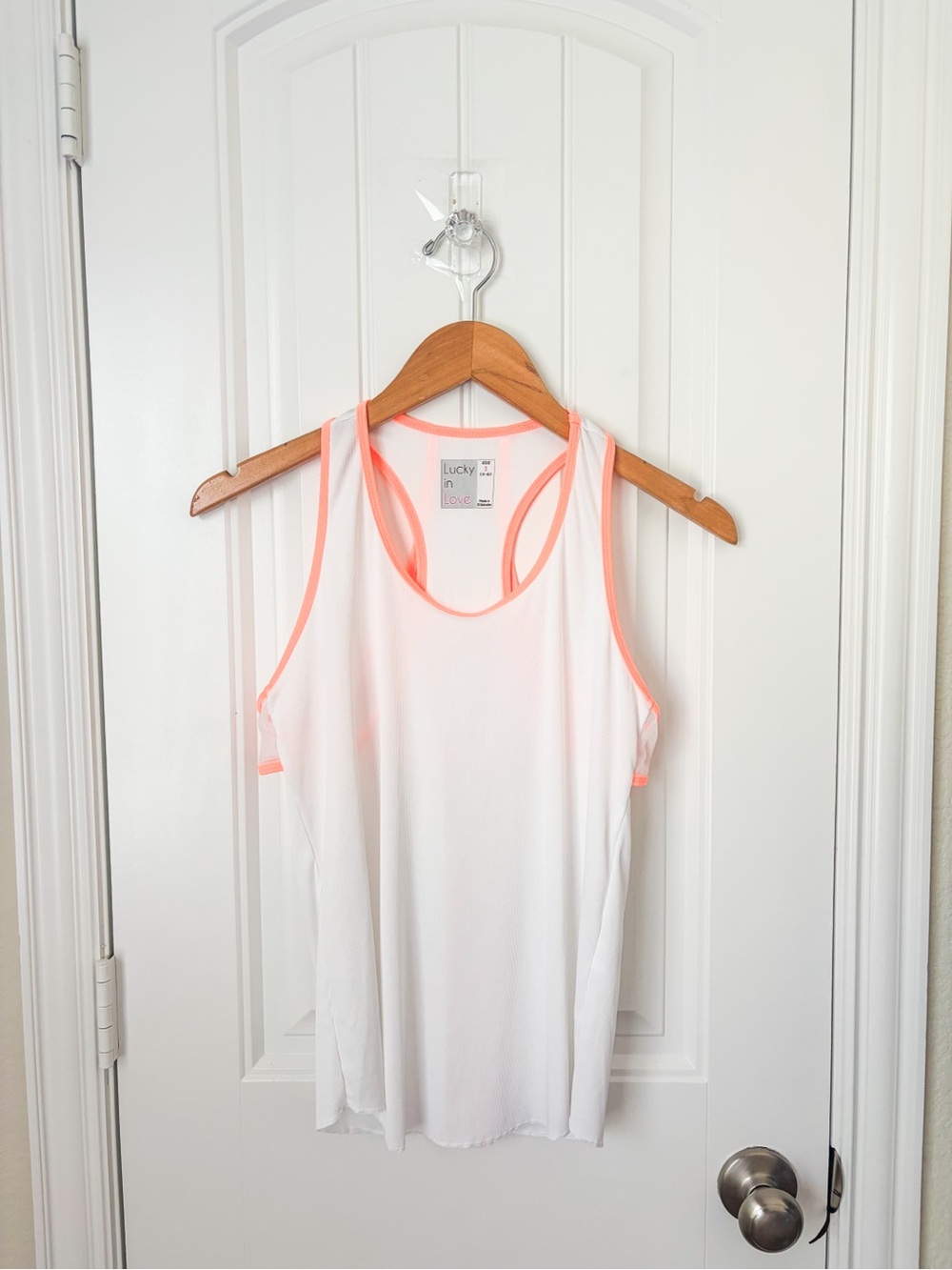 Lucky in Love White Mesh Racerback Athletic Tank Coral Trim Size Small